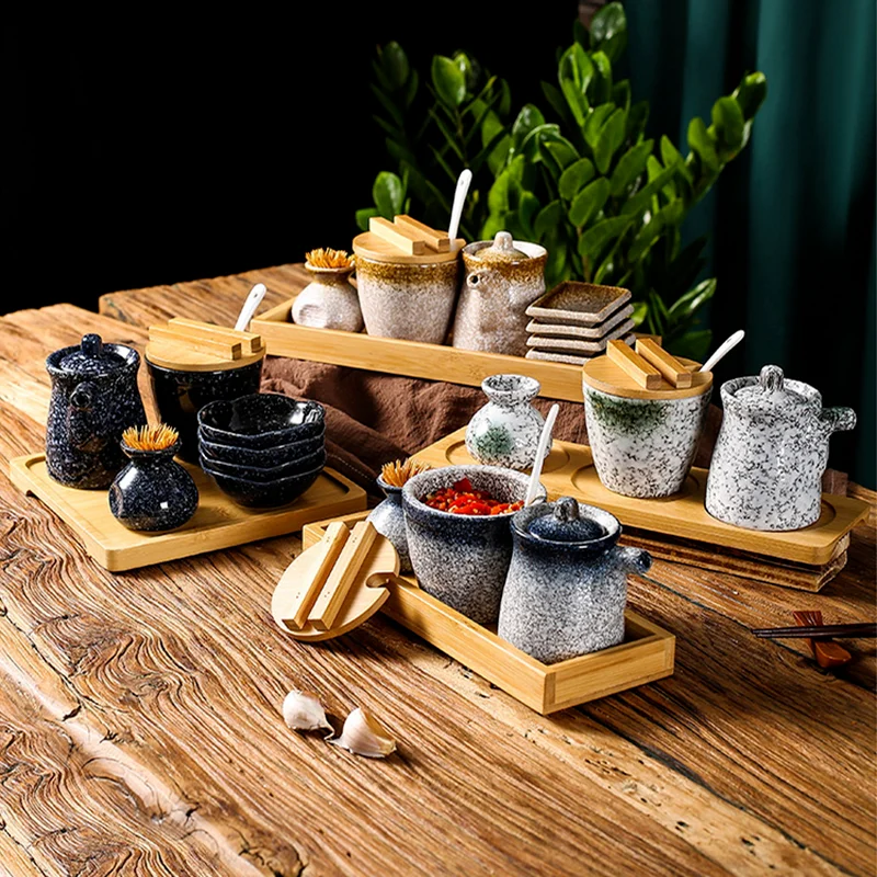 Ceramic Seasoning Jar Spice Container Spice Jar Seasoning Box Set Wooden Pallets Salt Shaker Oil Can Toothpick Jars Taste Dish