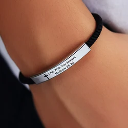 Bible I Am With You Always Engraved Cross Pattern Stainless Steel Pendant Adjustable Chain Bracelet For Women Men