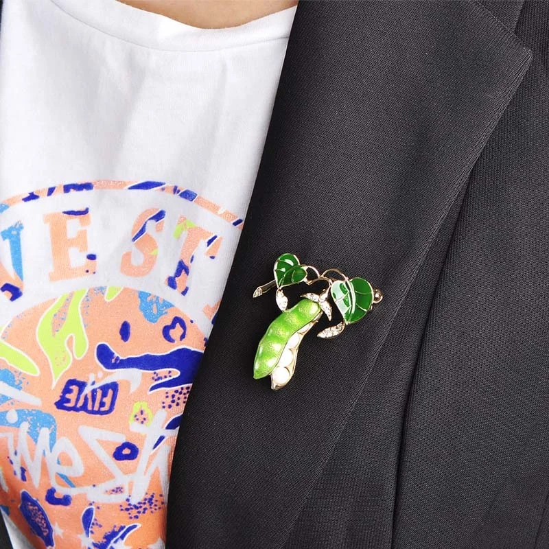 Enamel Green Pea Brooches For Women Gold-color Crystal Simulated Pearls Corsages Men Kids Sweater Suit Accessories Pins
