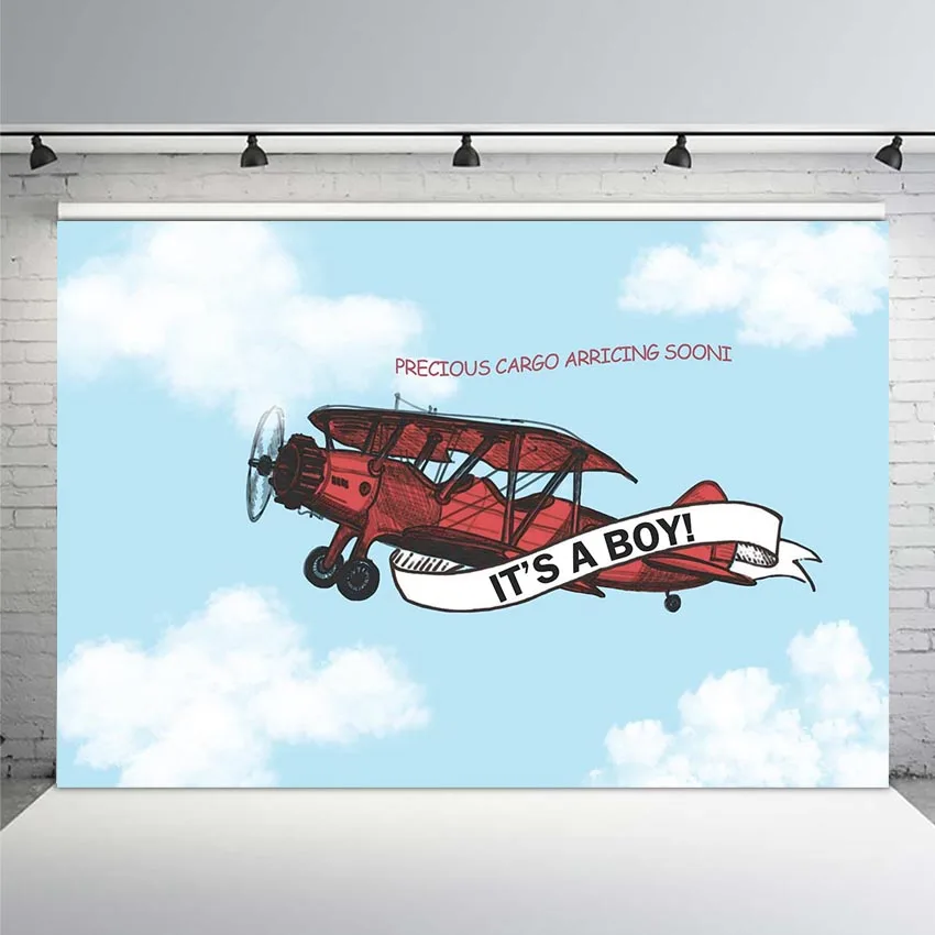 

Newborn Baby Shower Photo Background Blue Sky and Airplane Party Decoration Banner Hot Air Balloon Backdrops