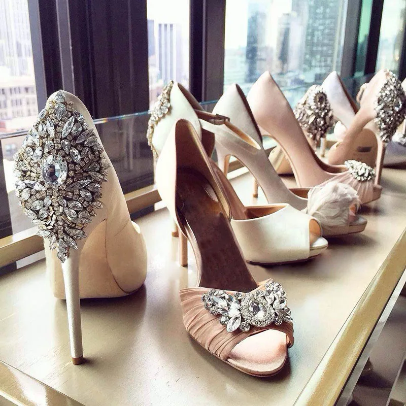 

Ladies Bling Back Rhinestone Peep toe High Heels Woman Glitter Crystal Silk Wedding Pumps Women Stilettos Heels Bridal Shoes