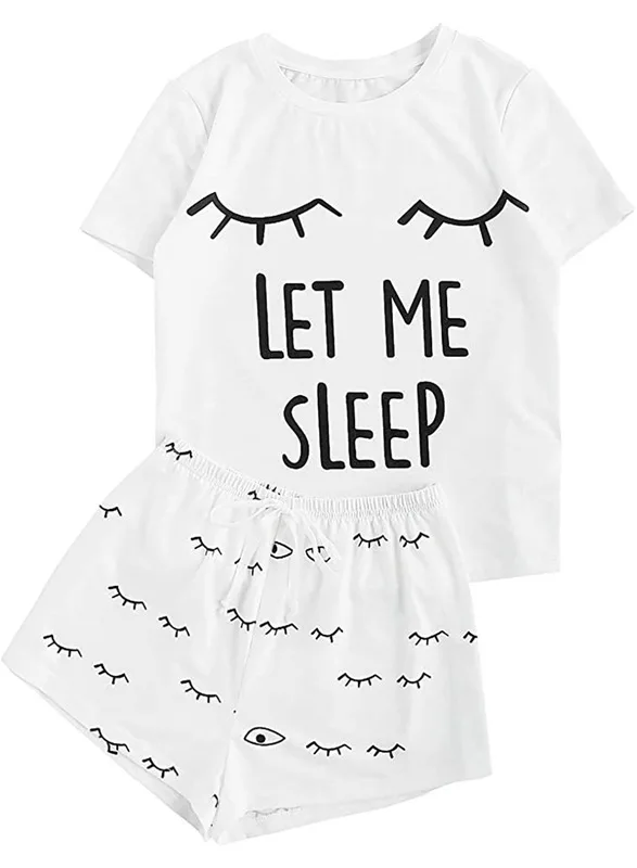 Pyjama en coton pour femmes, vêtements de nuit, mignons, imprimés de dessins animés, t-shirts, Shorts, Pj, été