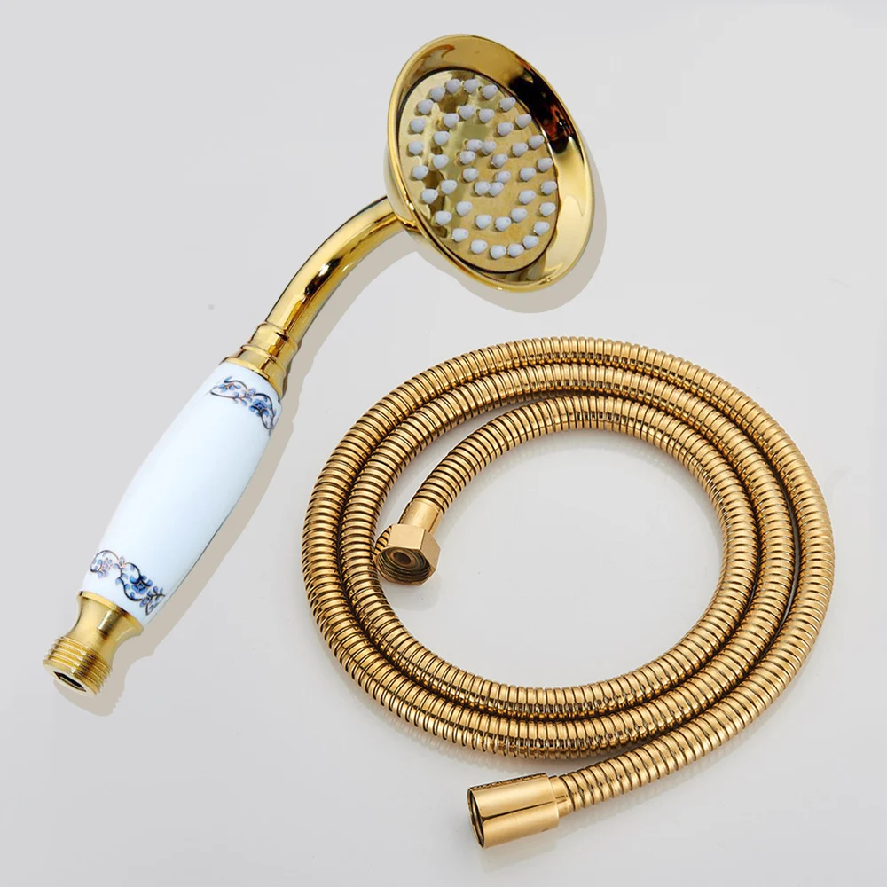 Luxury Gold Ceramics Brass Shower Head Water Saving Bathroom Hand Held Shower Sprays Head with 1.5m hose