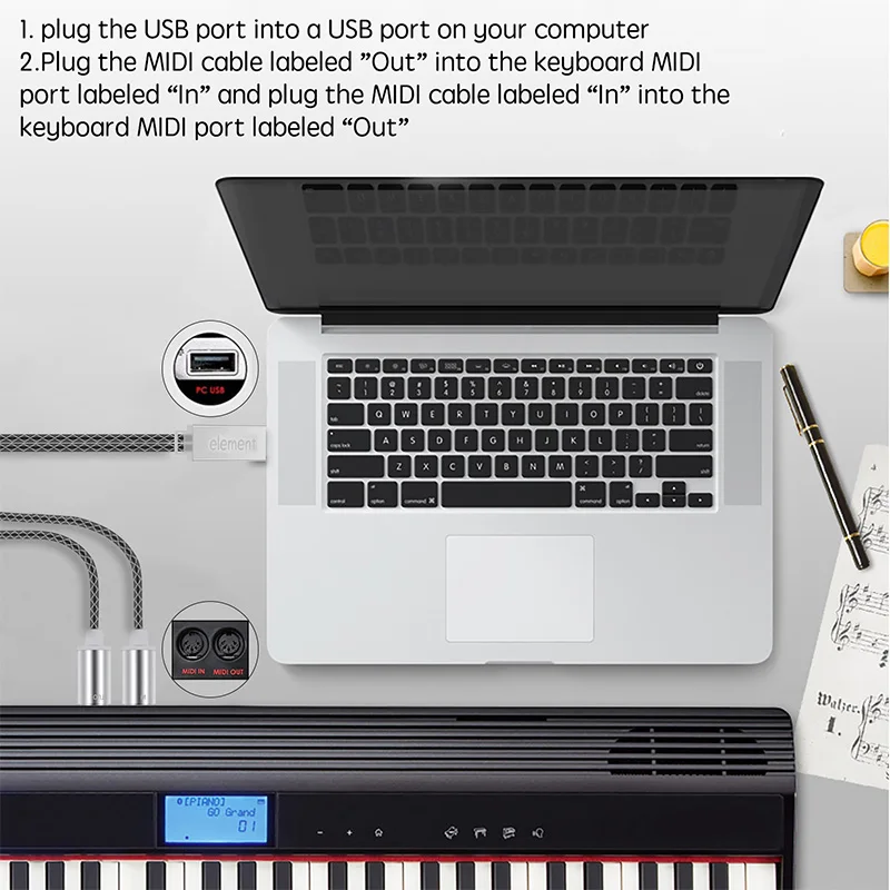 ELE MENT MIDI Cable to USB IN-OUT Converter, Professional MIDI Interface with Indicator Light, FTP Processing Chip, Metal Shell