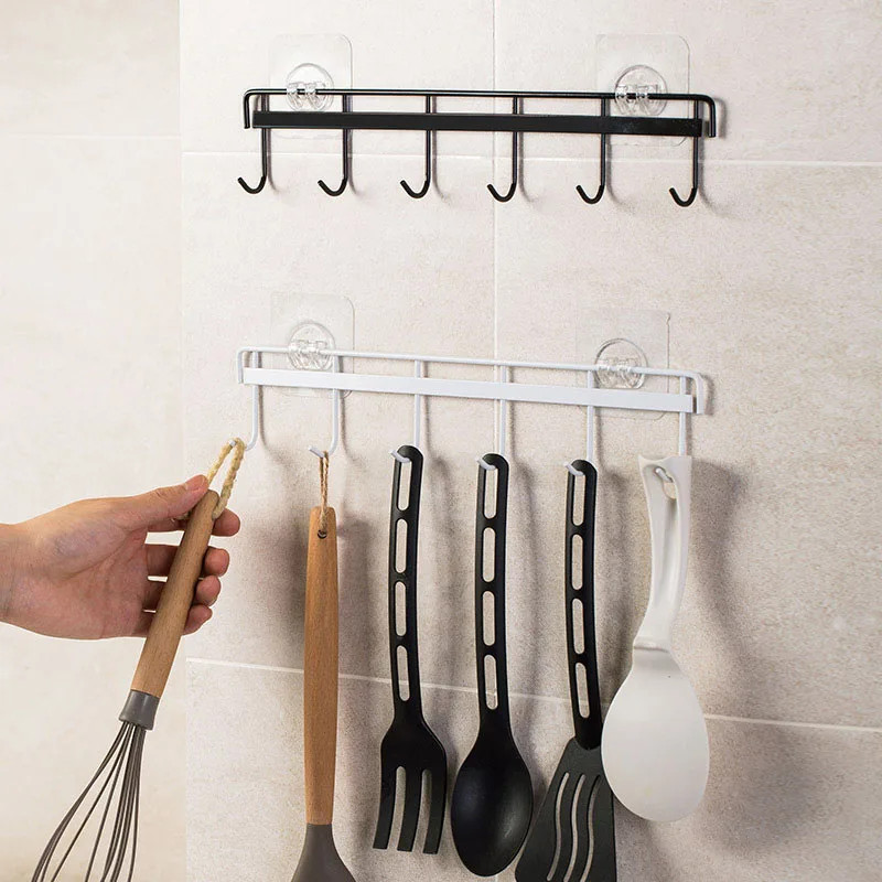 6 Hooks Wall Hanging Hook Self Adhesive Storage Hooks Kitchen Kitchenware Towel Hanger for Wall Door Bathroom Organizer