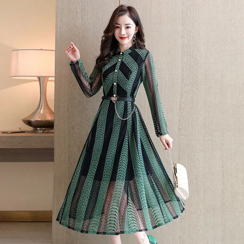 

Spring and summer women new Slim thin waist long section of fashion vertical striped long-sleeved round neck lace boutique dress