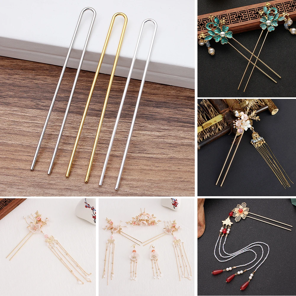 10pcs DIY Hair Sticks 110x2mm Raw Brass Gold Color U shape Hair Pins Blank Base Setting for Women Hair Jewelry Making Wholesale