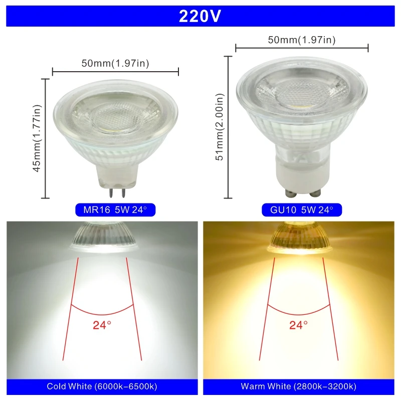 10 Stks/partij MR16 GU10 12V 220V GU5.3 Lampada Led Lamp 3W 5W Bombillas Led Cob Lamp spotlight Lampara Led Spot Licht 24/120 Graden