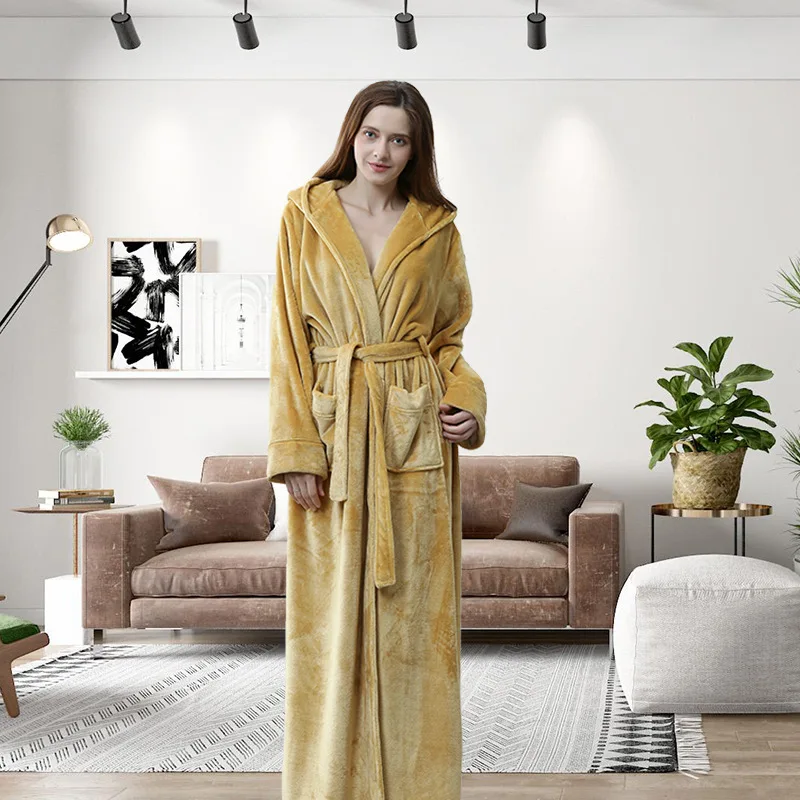 Women Winter Hooded Extra Long Thick Flannel Bath Robe Luxury Peignoir Warm Dressing  Gown Men Bathrobe Bridesmaid Wedding Robes - AliExpress 200574005