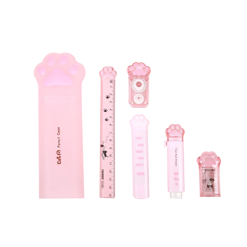 Kawaii Cat Claw Learning Set, Staacquering Ruler, Utility Knife, Pays l Sharpener, Point Glue Ration Tapes, 1Pc