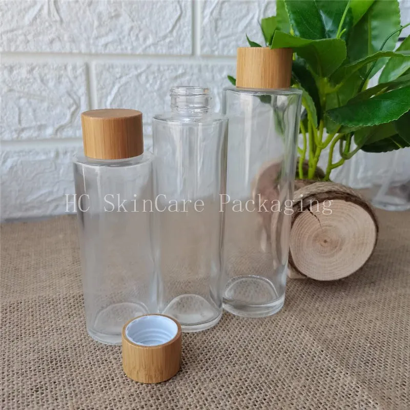 

100ml 120ml 150ml Eco friendly bamboo wood screw lid clear glass pump perfume bottle with bamboo PP sprayer