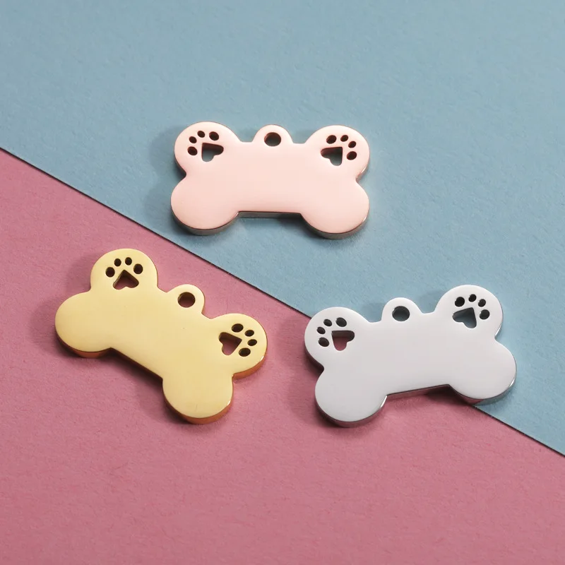 100% Stainless Steel Dog Bone Charm Blank For Engrave Metal Dog Bone Tag Charms With Dog paw Mirror Polished Wholesale 10pcs