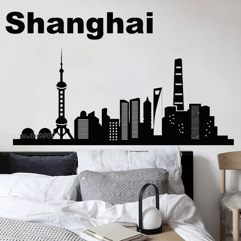 Shanghai City Wall Decal Skyscraper Vinyl Wall Sticker Window Sticker For Room Building Decor House Sight Handmade Decals LL2427