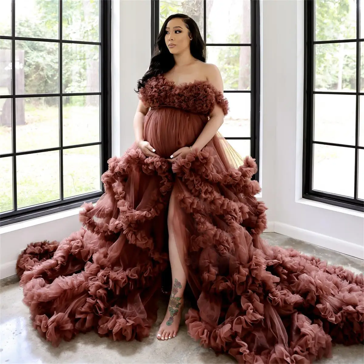 Ruffle Tulle Maternity Dress Prom Dresses for Pregnant Women Baby Shower Gowns Front Split Photo Shoot Robes