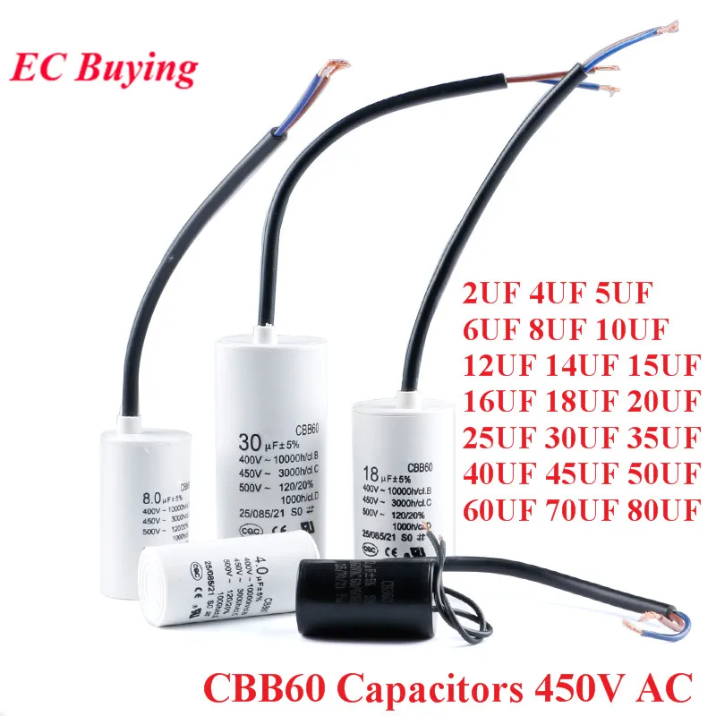 CBB60 AC 450V Motor Run Capacitor Starting Capacitor 2/3/4/5/6/8/10/12/14/15/16/18/20/25/30/40/45/50/60/70UF for Washing Machine