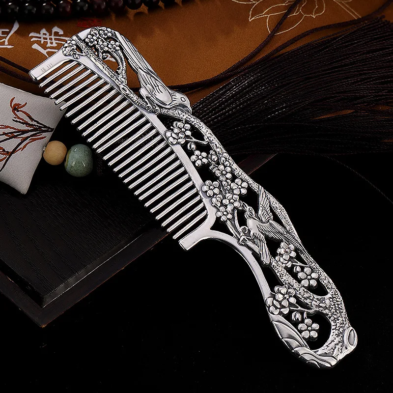 999 Pure Silver Retro Personality Magpie Plum Creative Silver Comb Hair Comb