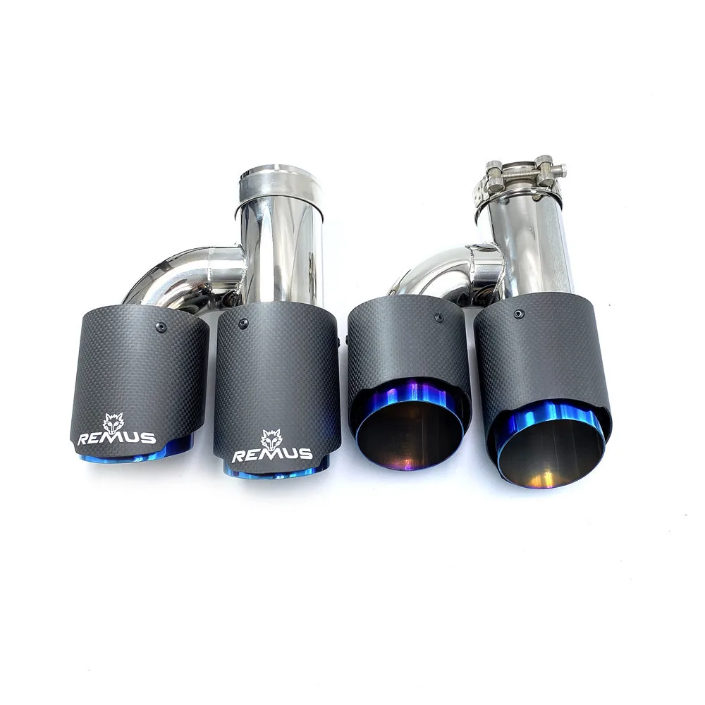 1Pair H Style Glossy Carbon Stainless Steel Universal Dual Exhaust Pipe Blue End Tail Tip For 3 Series With Remus Logo