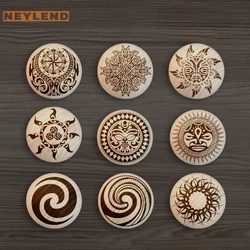 New Engraved Wooden Drawer Handle Maori Style Design Nature Wooden Knobs Single Hole Beech Circular Cabinet Pulls Hardware