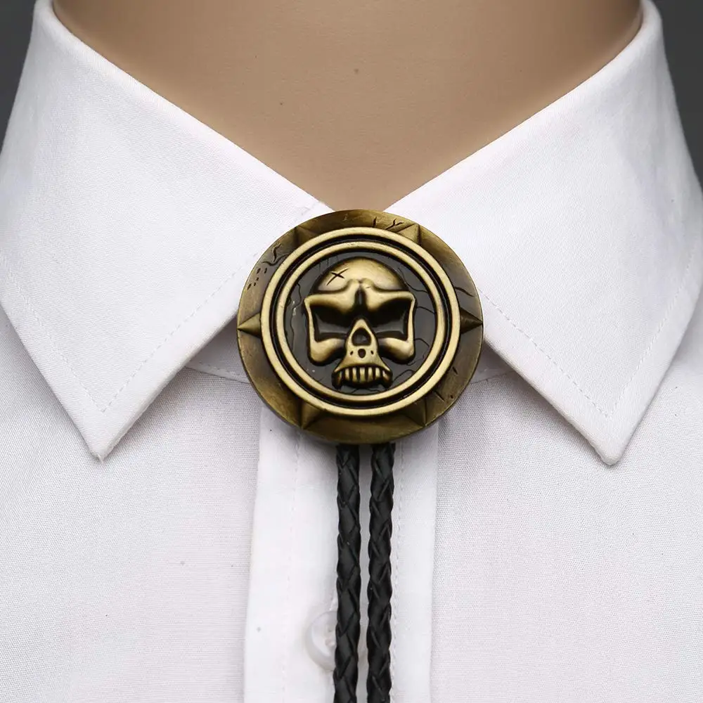 copper and silver Skull head round shape bolo tie for man Indian cowboy western cowgirl leather rope zinc alloy necktie