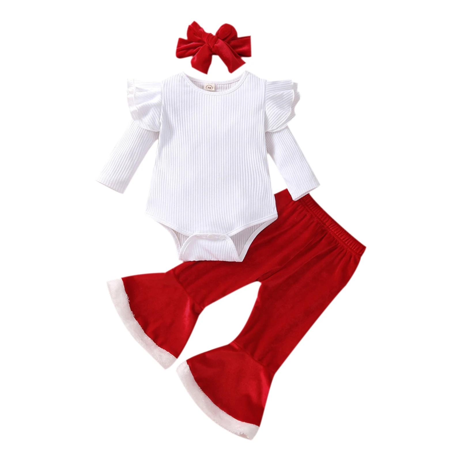 3Pcs Newborn Christmas Outfits Baby Girls Solid Color Fly Sleeve Round Neck Playsuit + Flared Pants + Bow Headband Toddler Suit