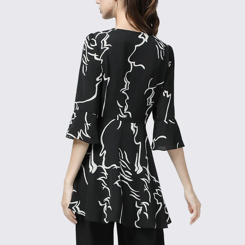 موضة الأسود المشارب طباعة ذيل طويل المرأة قمصان سهرة أنيقة ضئيلة سبعة كم بلوزات على شكل حرف v مع حزام مكتب بلوزة عادية #3