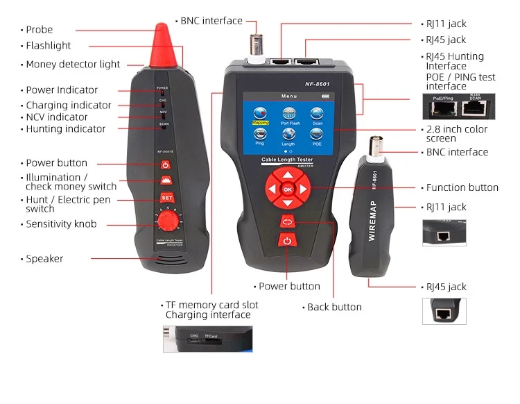 Noyafa NF-8601 Multi-functional Network Line Tracker LCD Cable length Tester Breakpoint Tester PING POE and Cross-talk Function