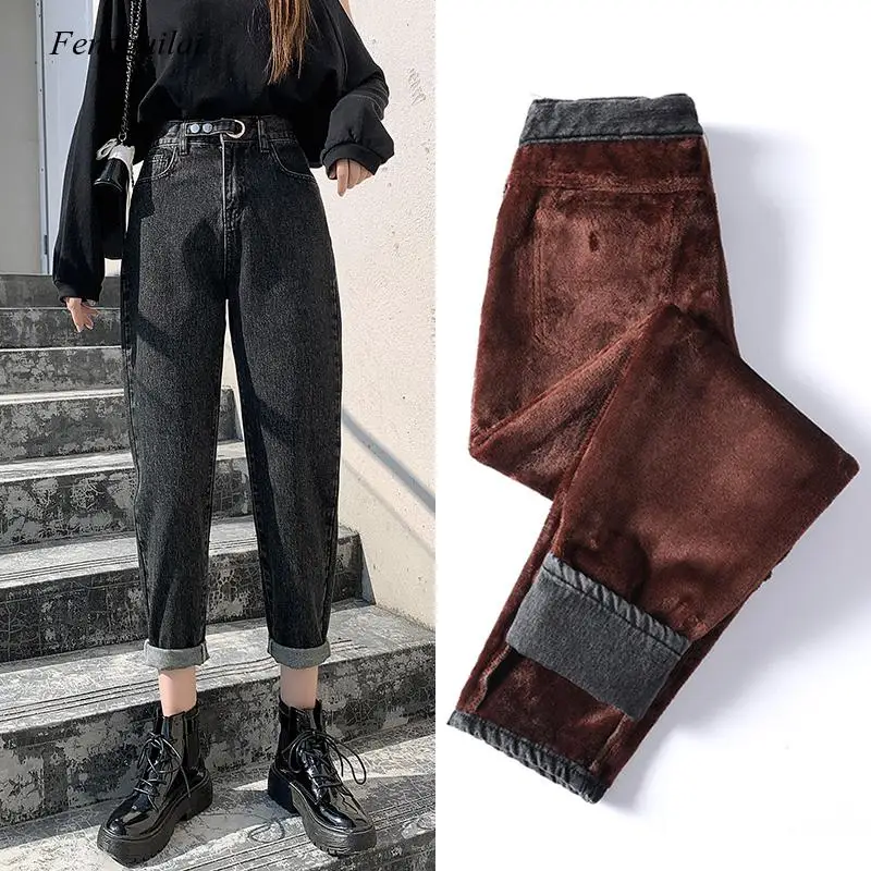 Autumn and Winter Plus Velvet Warm Retro Jeans Women 2020 New Loose Straight High Waist Harem Pants Women\'s Ninth Pants Black