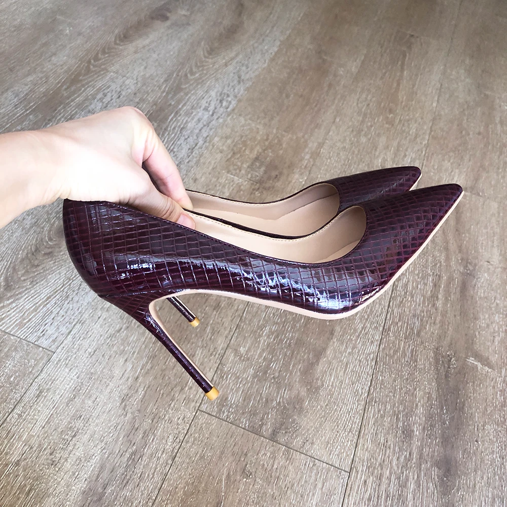 Veowalk Burgundy Plaid Croc-Effect Embossed Women Stilettos Pointed Toe Slip On Sexy Pumps Chic Ladies Dress Shoes