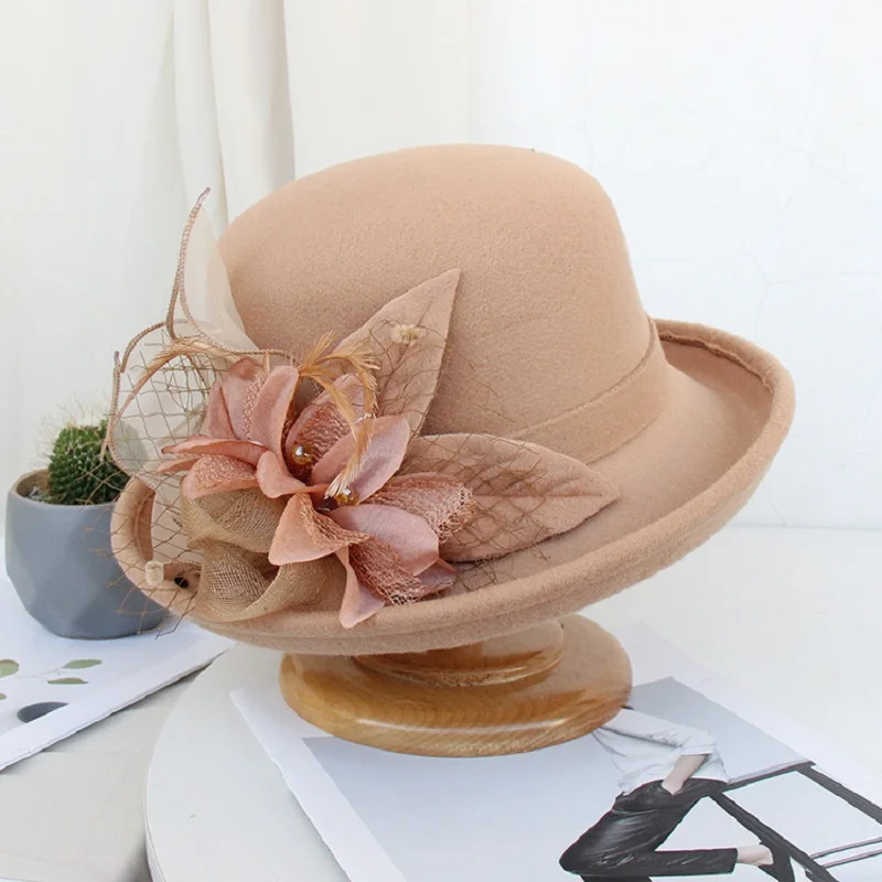 2021 frauen Warme Wolle Filz Blumen Hut Damen Breiter Krempe Hut Herbst Winter Edle Elegante Mädchen Mode Party Kappe Dekoration – Detail 10