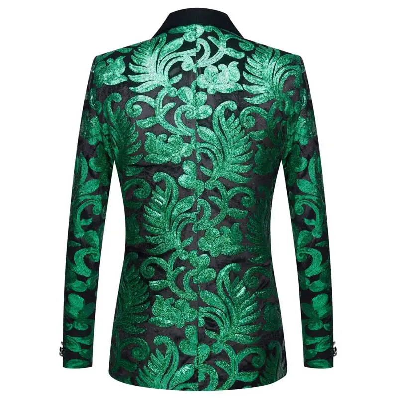 Esmoquin con lentejuelas florales para hombre, chaqueta verde brillante, cuello chal de un botón, traje de fiesta, cena, boda, baile de graduación,