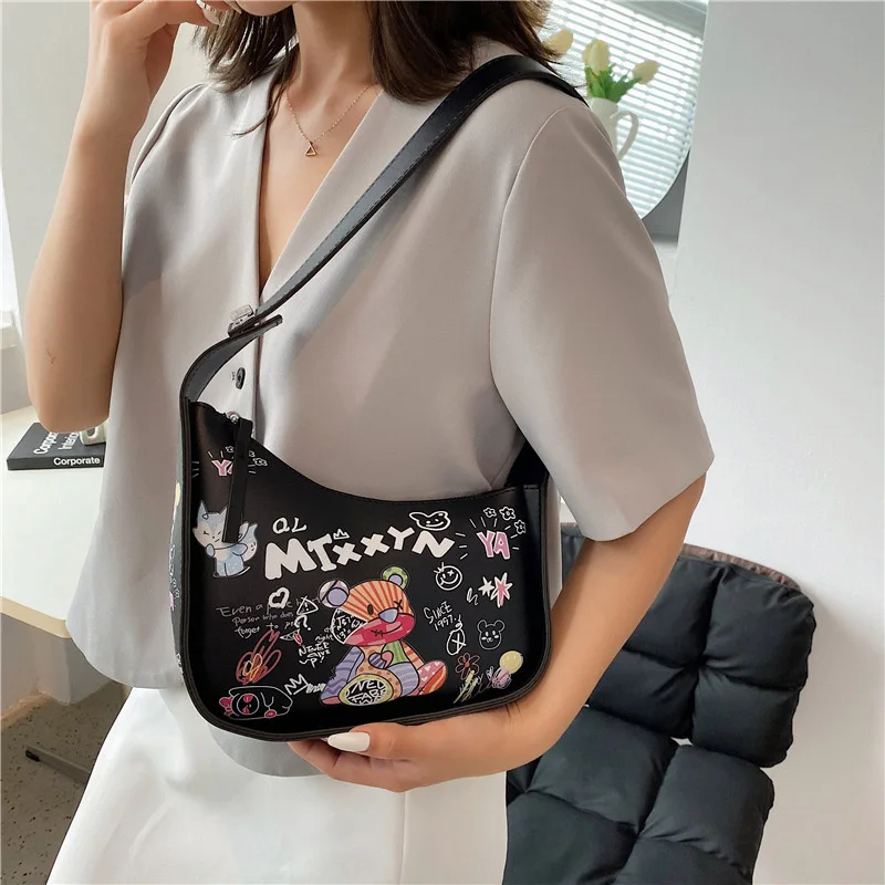 Cartoon Graffiti PU Leather Armpit Shoulder Bags For Women  2023 Fashion New Women\'s Designer Crossbody Bag Luxury Brand Handbag