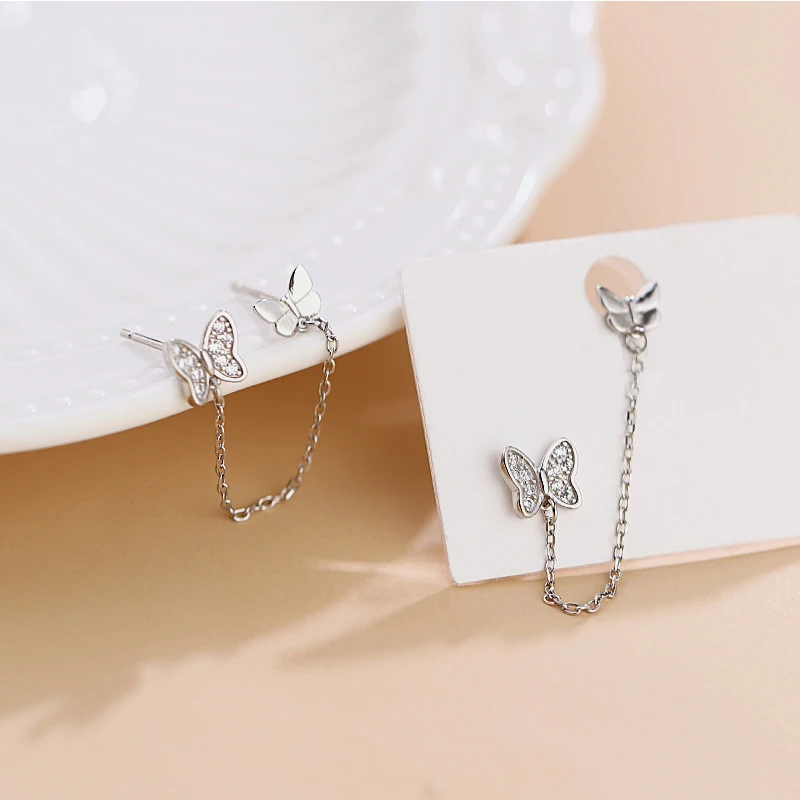 ANENJERY Butterfly Stud Earrings for Women Double Ear Hole Tassel Chain Earrings Jewelry