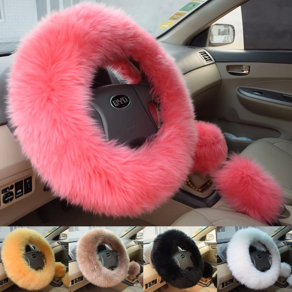 Winter Warm  Wool Handbrake Cover Gear Shift Cover Steering Wheel Cover 38cm diameter 1 Set 3 Pcs