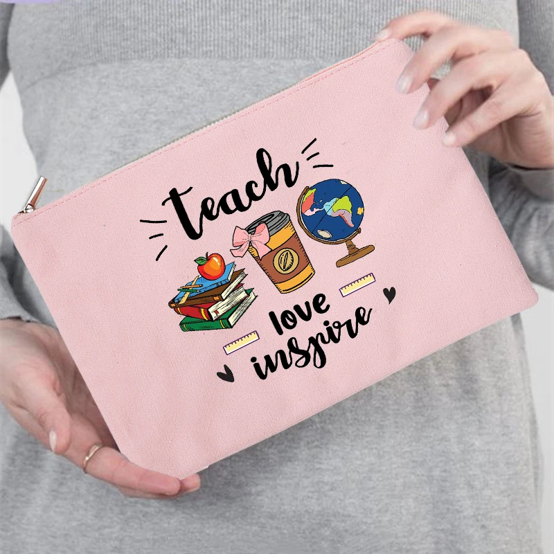 Teacher Love Inspire Large Capacity Pencil Bag School Supplies Stationery Pouch Travel Toiletry Storage Female Makeup Case Gifts