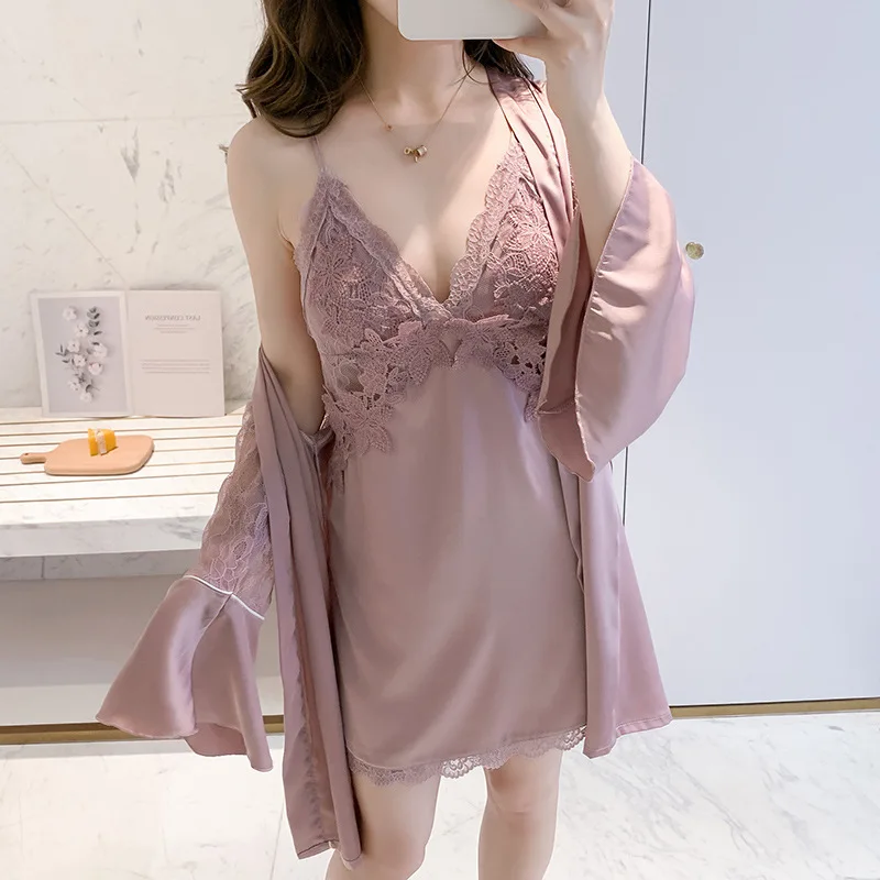 

Sexy Hollow Flared Sleeves Satin Women Sleepwear Robe Nightdress 2PCS Nightgown Lady Brides Bridesmaid Wedding Robe Gown