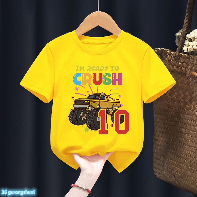 

Fashion Boys T-Shirt Funny Truck Birthday Numbers 2-13 Years Old Kids Clothes Summer Yellow Short Sleeves Cute Kids Tshirt Tops