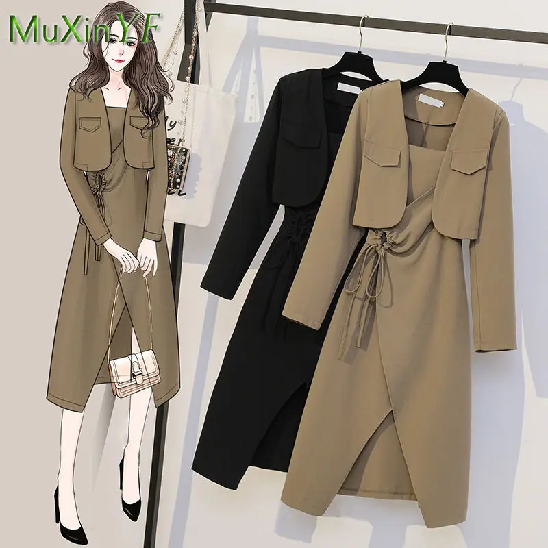 

Women's Dress Suit 2023 Autumn New Chic Short Jacket Irregular Midi Skirt Two Piece Korean Elegant Coat Dresses Matching Set