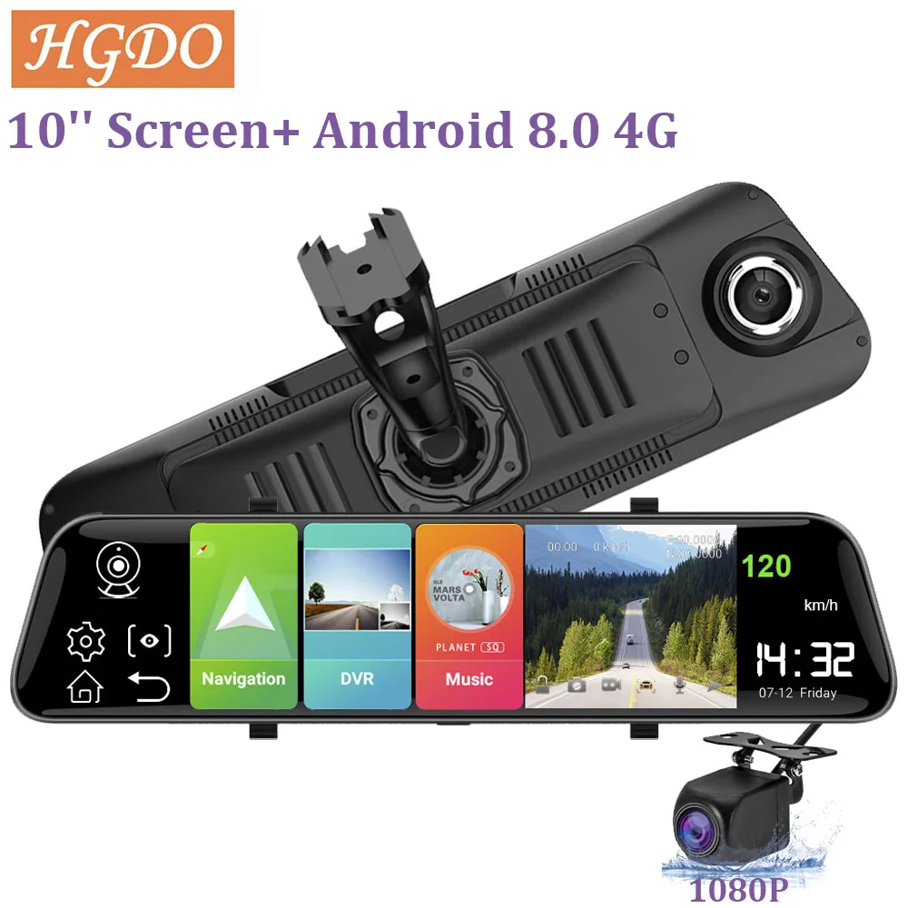 HGDO 10'' Car dvr Dual lens 1080P rearview mirror Android 8.1 4G ADAS GPS Video registrar recorder Dashcam Room Mirror Holder