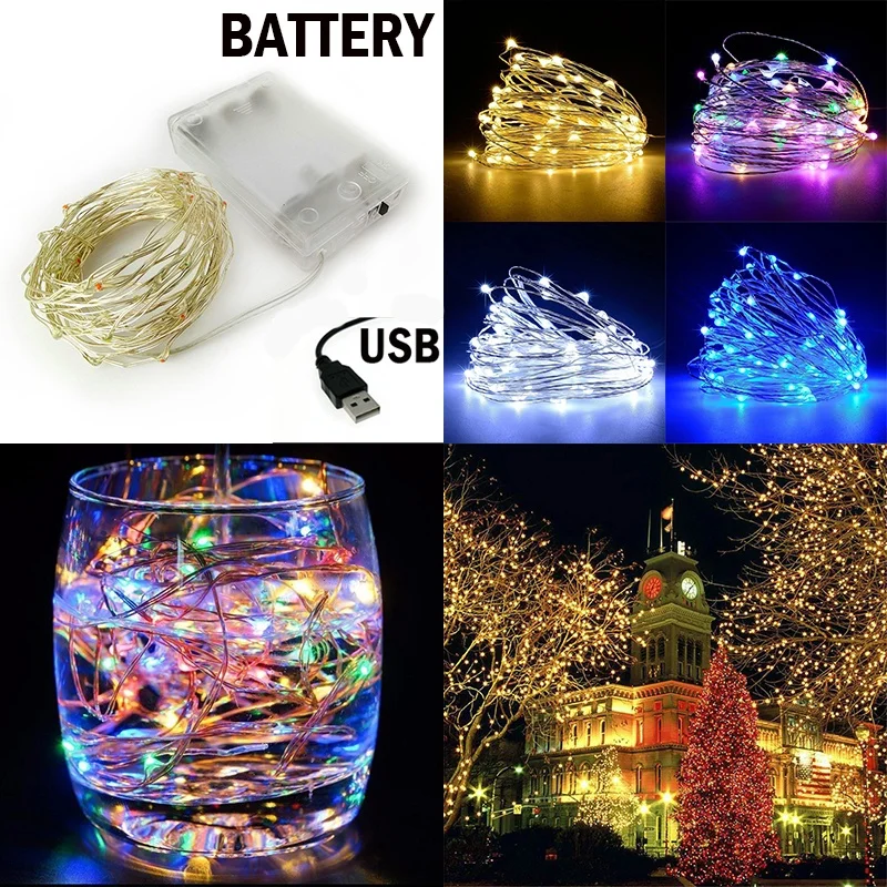 

2M 5M 10M Outdoor Copper Wire String Lights For Christmas Wedding Party Garland Decoration USB/Battery Powered