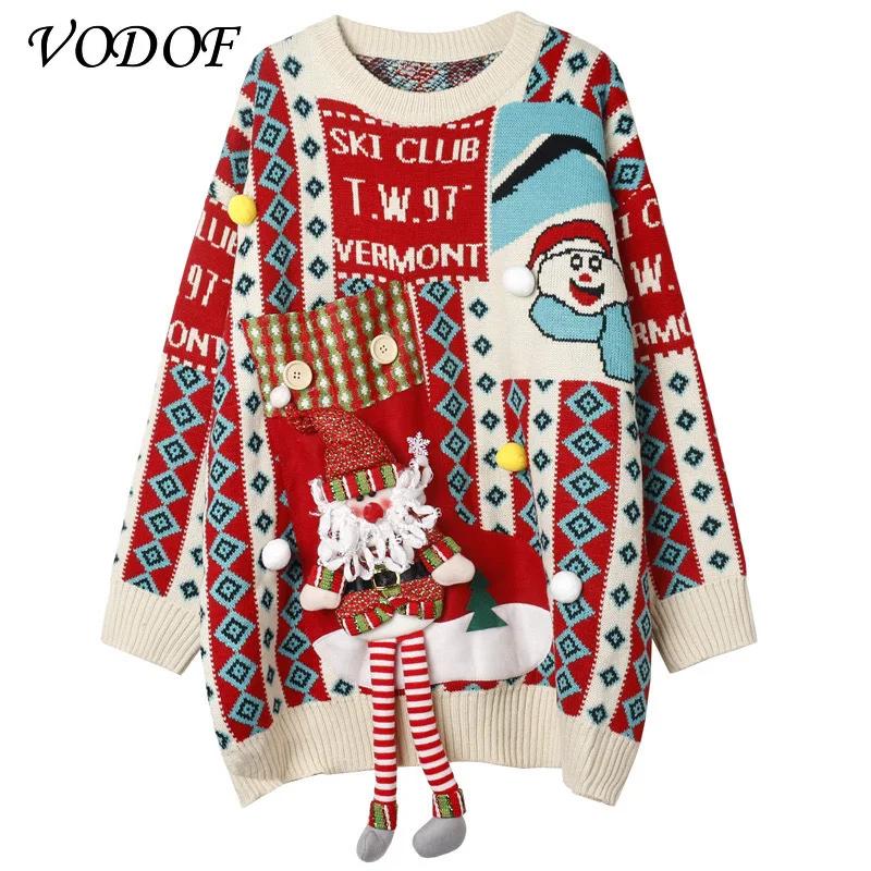 VODOF Fashion Christmas Sweaters Women Long Sleeve Autumn Winter Deer Print Knitted Female Pullover Chic Ladies Sweater