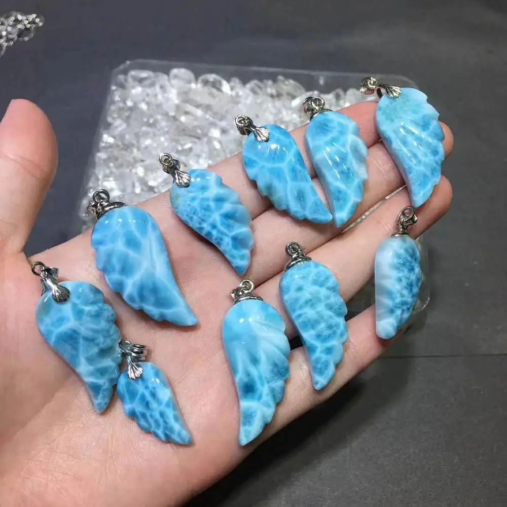 

Top Natural Blue Larimar Pendant For Woman Man 17x35mm Wing Beads Stone Crystal Jewelry