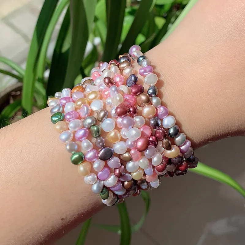 Colorful Natural Freshwater Pearl Bracelets for Women Jewelry Irregular Baroque Pearl Beaded Strand Elastic Bracelets Wedding