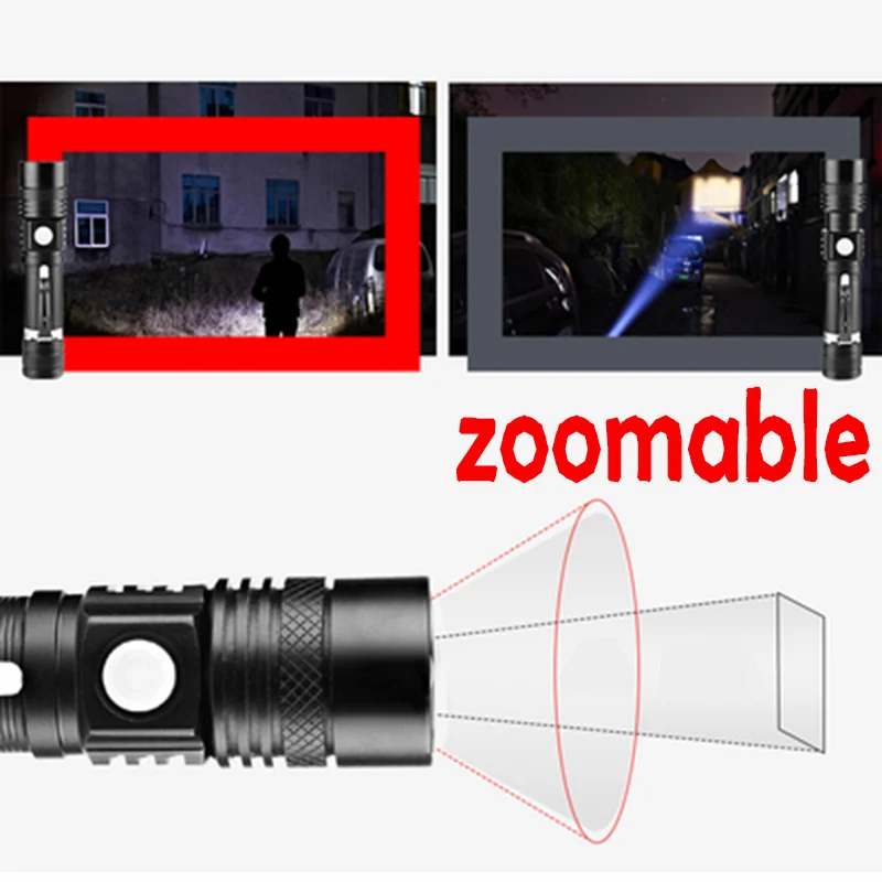 Ultra Bright LED Flashlight With XP-L V6 LED Lamp Beads Waterproof Torch Zoomable 4 lighting Modes Multi-function USB Charging