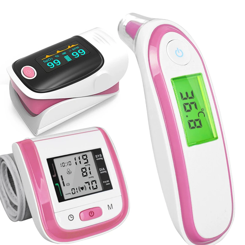 3PCS Fingertip Pulse Oxygen PR Oximeter Baby Thermometer Wrist Sphygmomanometer Blood Pressure Monitor for Family Health Tool