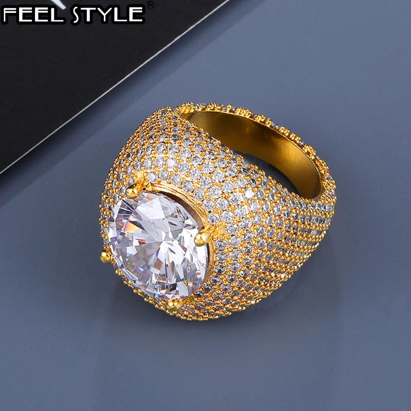 

Hip Hop Full Micro Paved Iced Out Bling Full CZ Stone Charm Tready Copper Cubic Zircon Ring For Men Jewelry Size 8-11