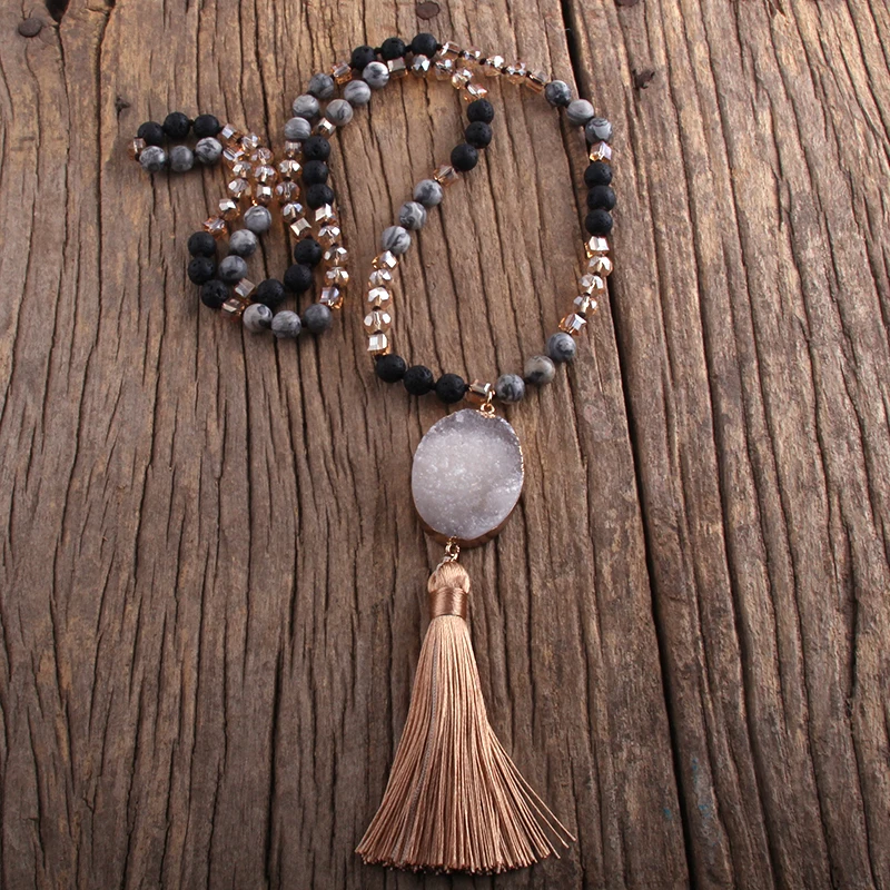 Fashion Bohemian Jewelry Natural Stones Crystal Knotted Druzy Stone Tassel Necklaces Women Boho Gift Drop Shipping