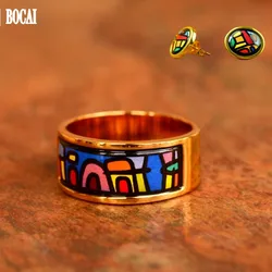 BOCAI New High Temperature Fired Enamel Color Curved Ring for Woman Cloisonne Jewelry High Quality Gift  Fine Choice Jewelry