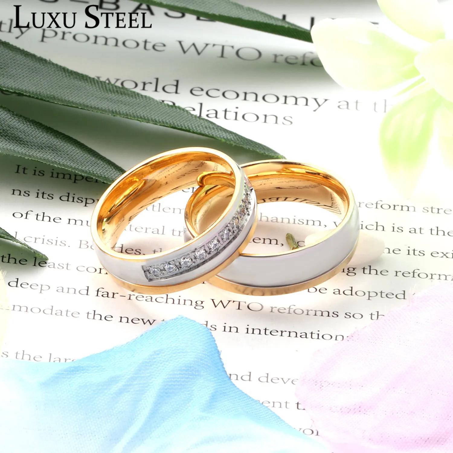 LUXUSTEEL cubic zirconia ring Couple Jewelry Gold Color anillo  Stainless Steel Engagement Rings Women Men Finger Accessories