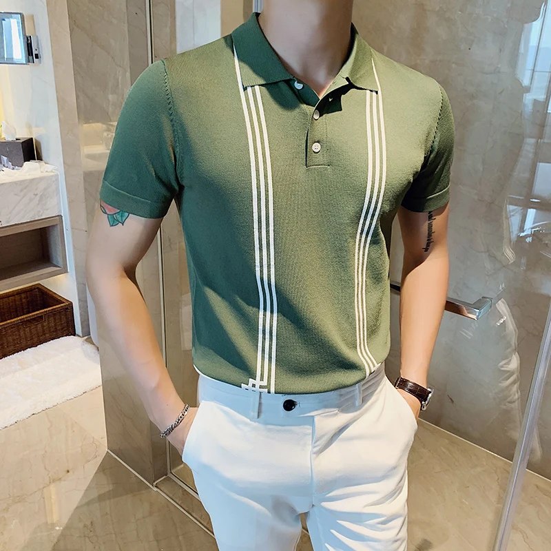 Stripe Contrast Color British Slim Lapel Ice Silk Ropa De Hombre Ropa Hombre Men's Short-sleeved 2020 Summer Knitted Polo Shirt