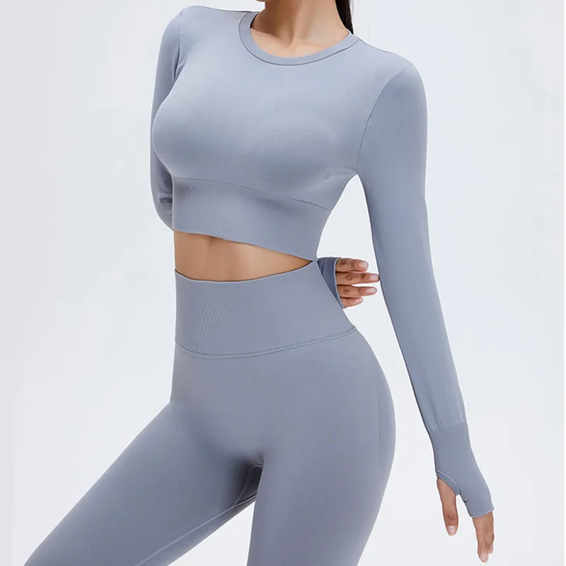 Autumn Seamless Yoga Suit Elastic Fitness Sports 2 Piece Set Women Long Sleeve Crop Top Gym Running Leggings Workout Sportswear